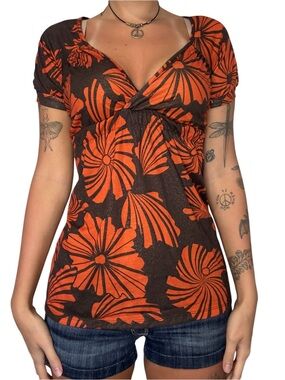 Weavers Orange and Brown with gold sparkles Short Sleeve babydoll top